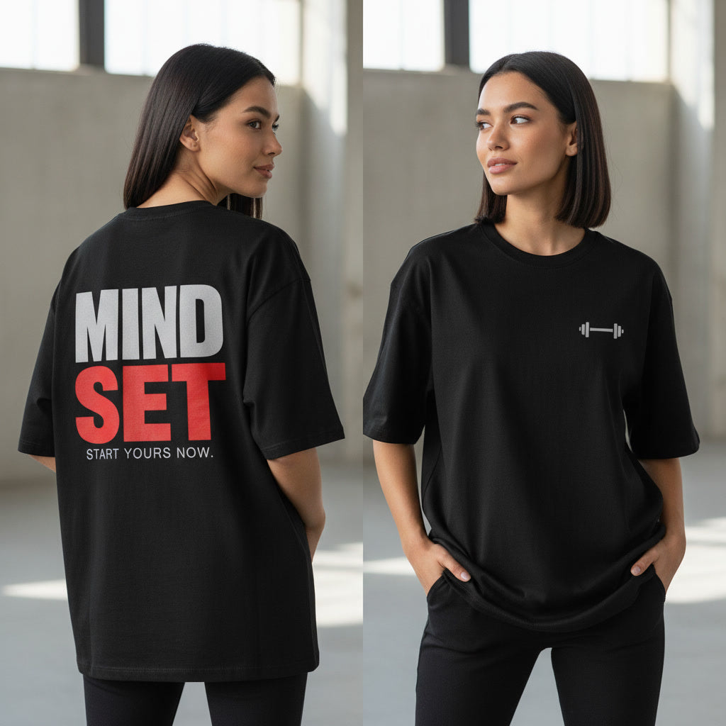 Black UNIMCOLL Mind Set unisex oversized T-shirt showing front dumbbell and back graphic