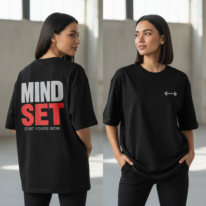 Black UNIMCOLL Mind Set unisex oversized T-shirt showing front dumbbell and back graphic
