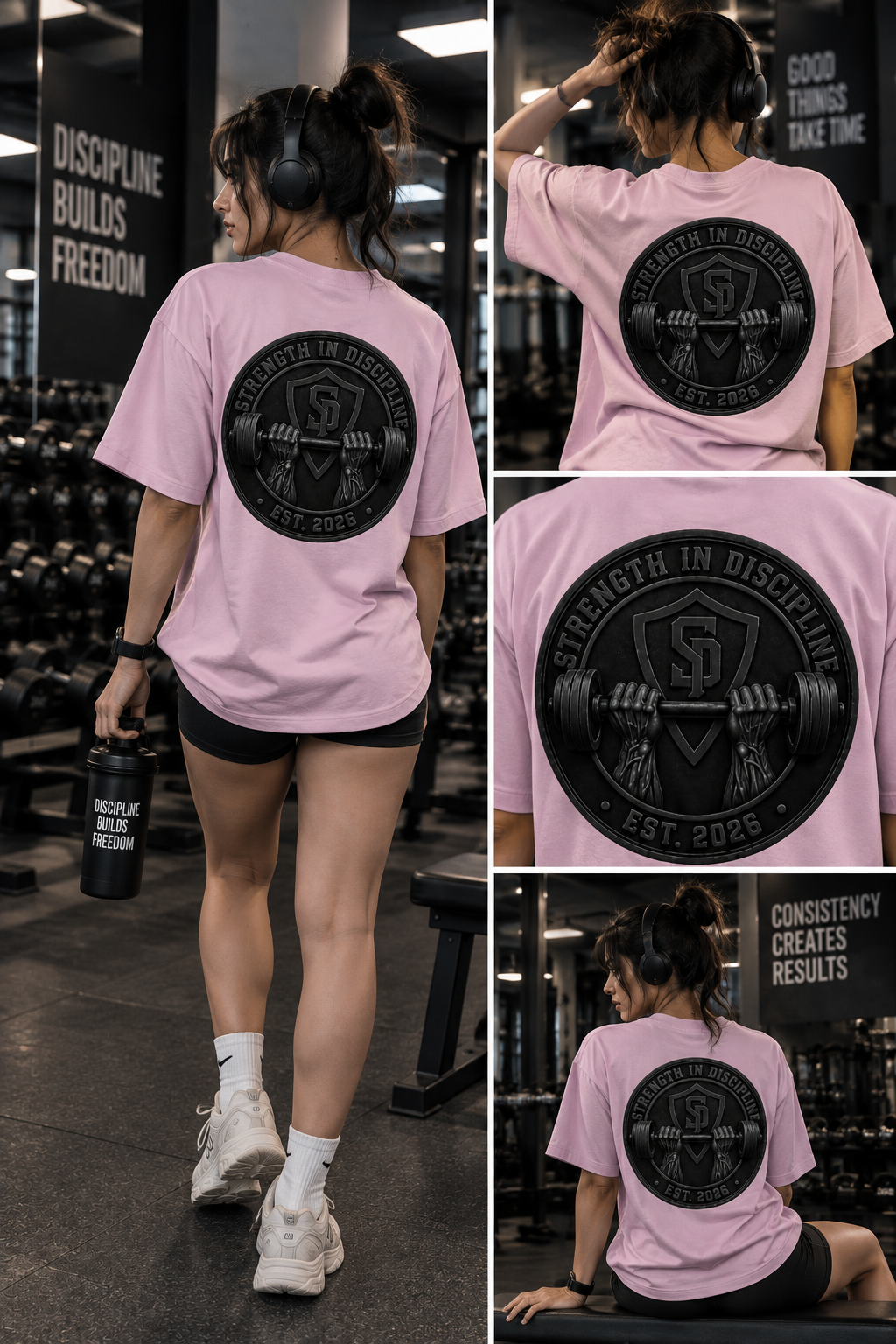 Strength in Discipline pink oversized unisex gym t-shirt