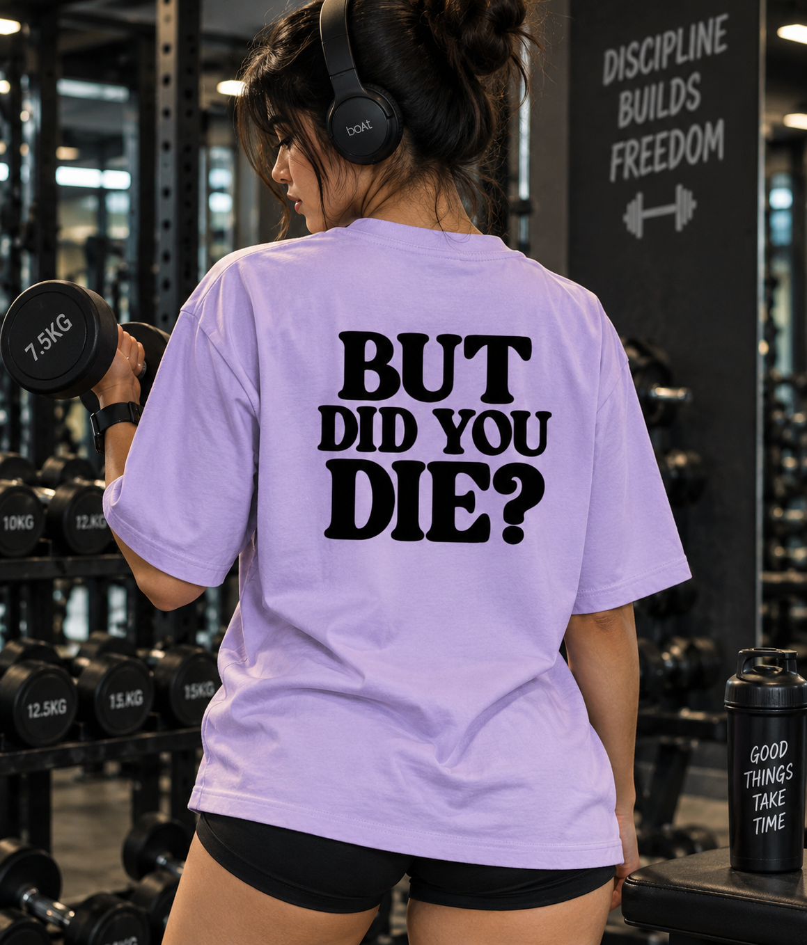 Back view of lavender But Did You Die oversized gym t-shirt for women