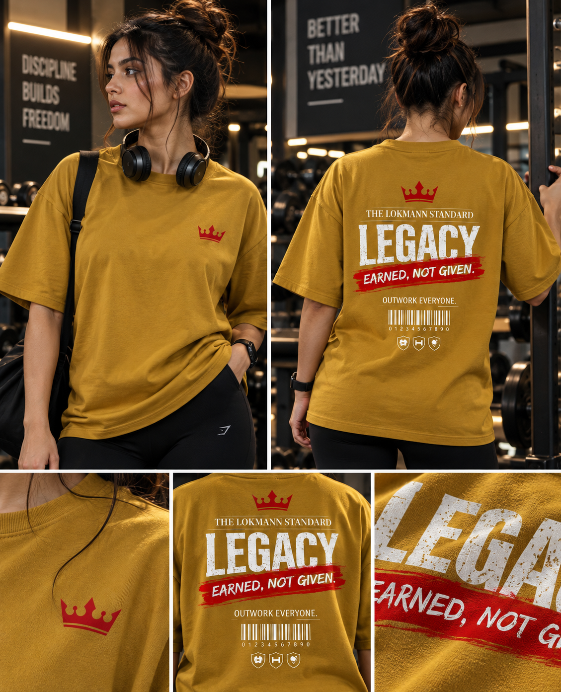 Female wearing mustard oversized gym t shirt front view