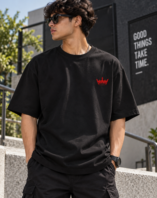 Black oversized gym t shirt with red crown front logo