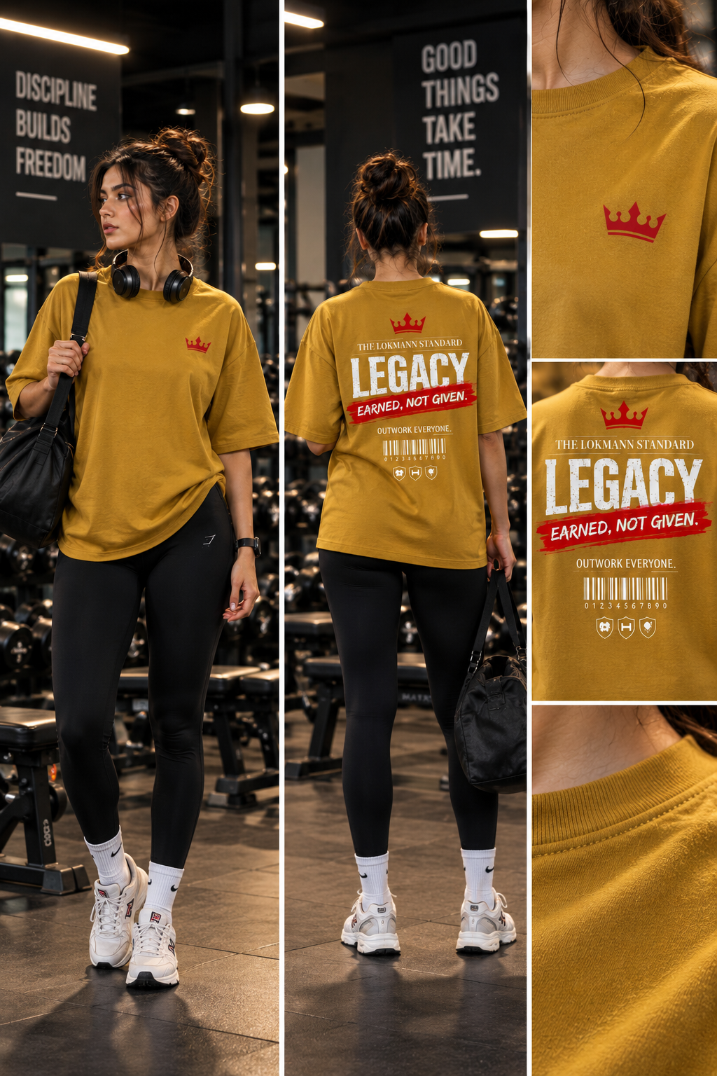 Legacy Earned Not Given print close up on mustard oversized tee