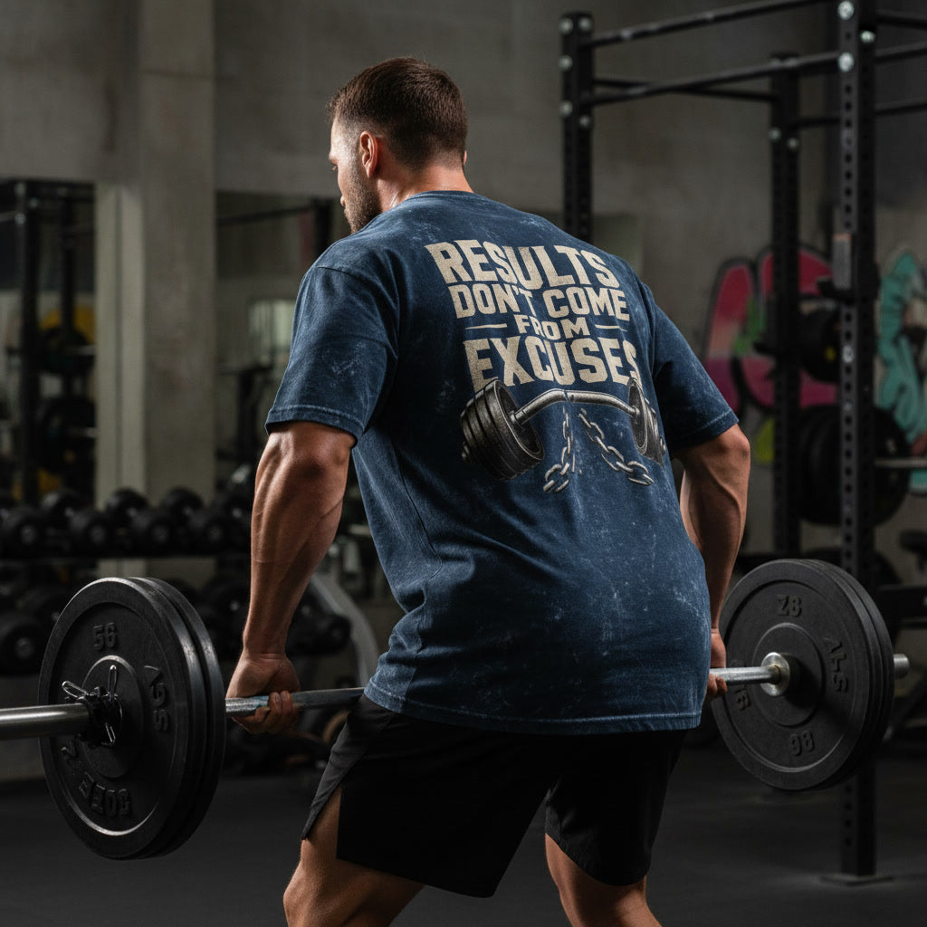 Blue mineral wash pump cover tee back print Results Don't Come From Excuses