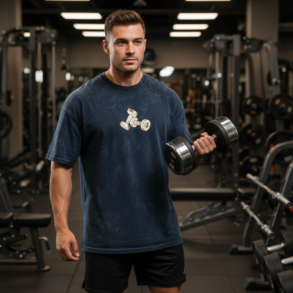 Blue acid wash oversized gym shirt front view with dumbbell graphic