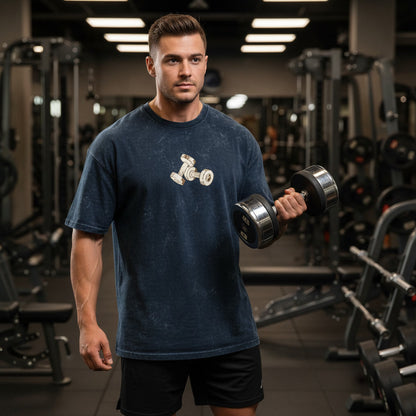Blue acid wash oversized gym shirt front view with dumbbell graphic