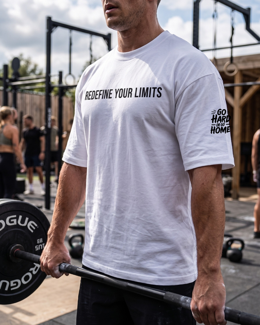 Men's white oversized gym t shirt Redefine Your Limits design