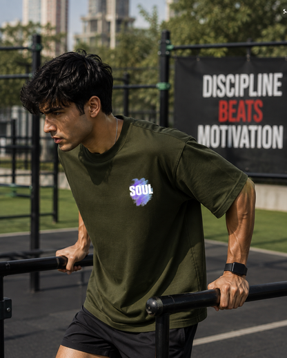 Olive green UNIMCOLL oversized gym t shirt with SOUL front graphic