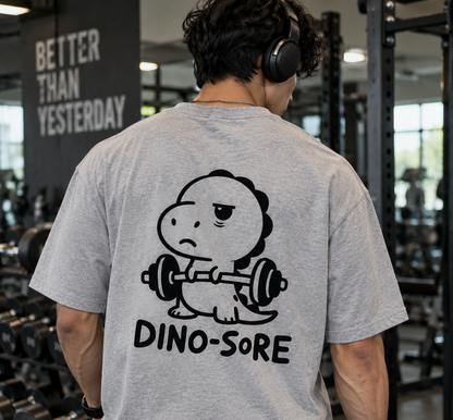 Grey Dino-Sore oversized gym T-shirt back print on male model