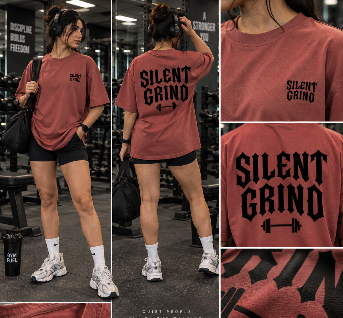 Silent Grind rust oversized unisex gym T-shirt on female model