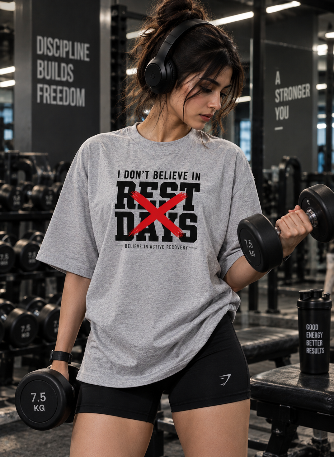 Female workout model wearing grey oversized pump cover gym t shirt