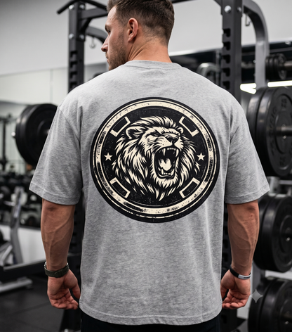 Back view of grey oversized gym t-shirt with large roaring lion graphic
