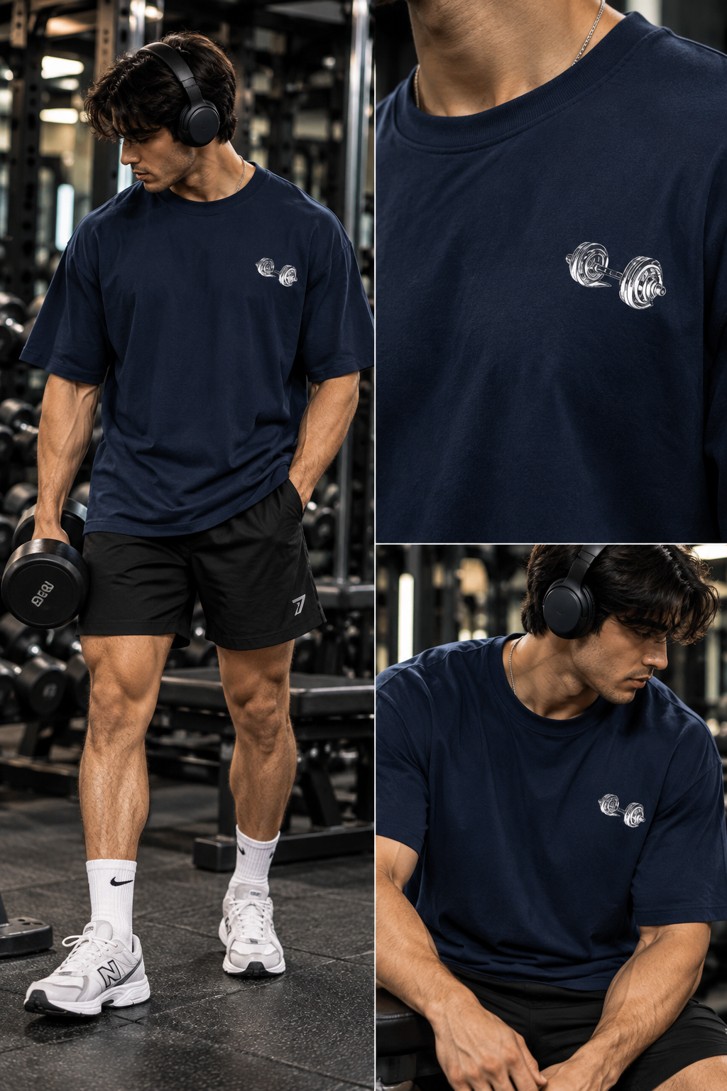 Male model wearing a navy blue oversized gym T-shirt, with full-body, dumbbell chest print close-up and seated workout views.