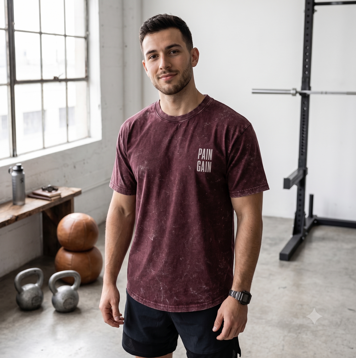 Pain Gain Maroon Acid Wash Oversized Gym T-Shirt Back Graphic Print