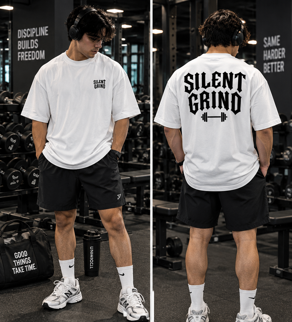 Silent Grind white oversized gym T-shirt front and back view