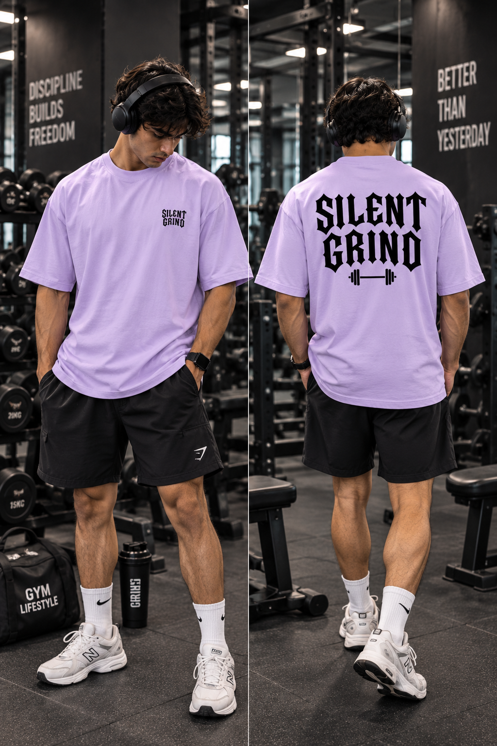 Silent Grind lavender oversized pump cover T-shirt front and back