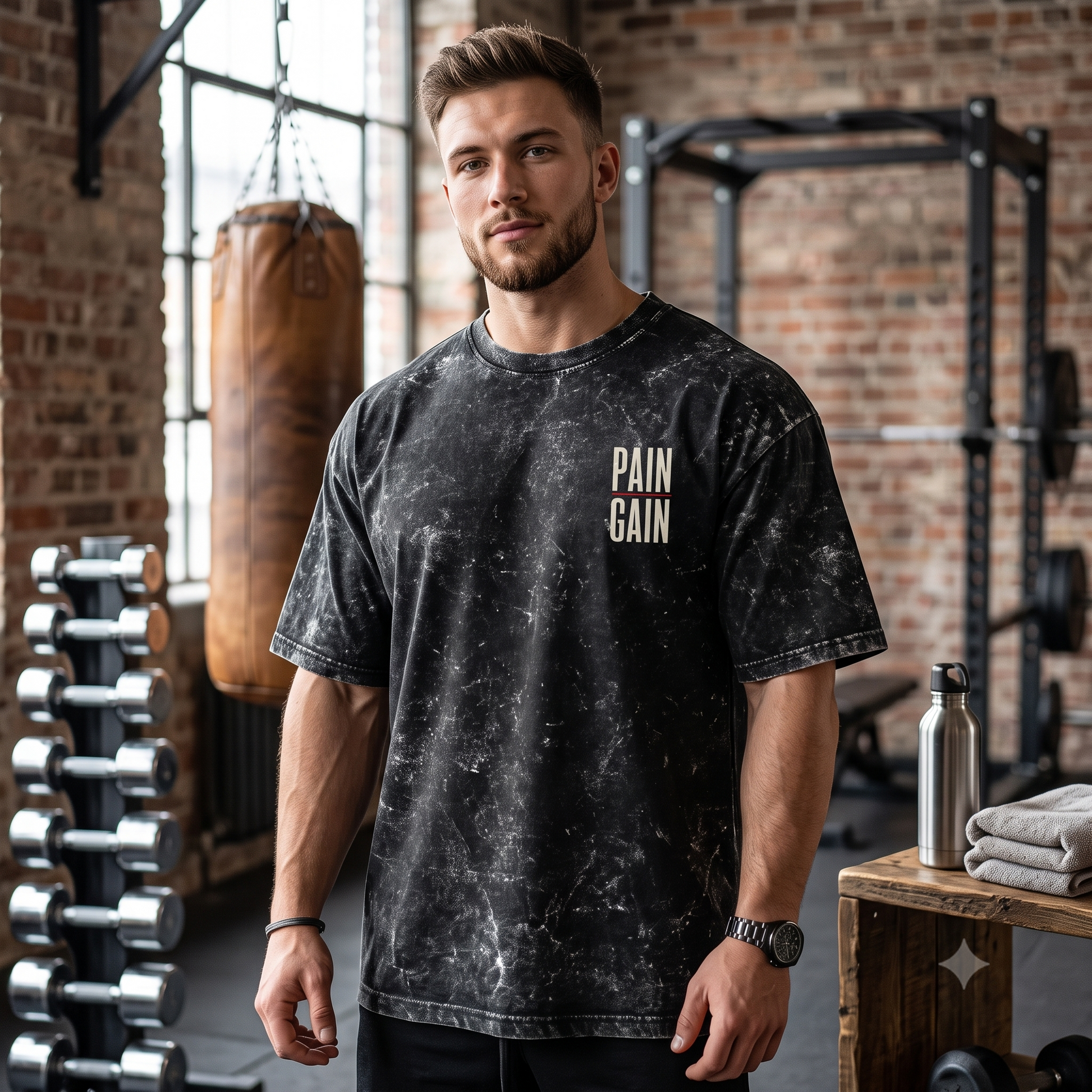 Pain Gain Charcoal Black Acid Wash Unisex Drop Shoulder Gym Tee
