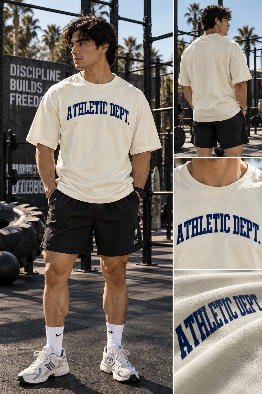 Off-white Athletic Dept. oversized gym T-shirt with navy front print, shown from front and back