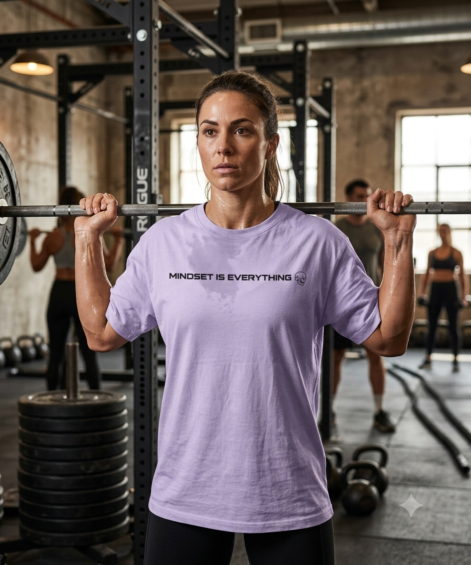 Woman wearing lavender Mindset Is Everything 100% cotton gym t-shirt