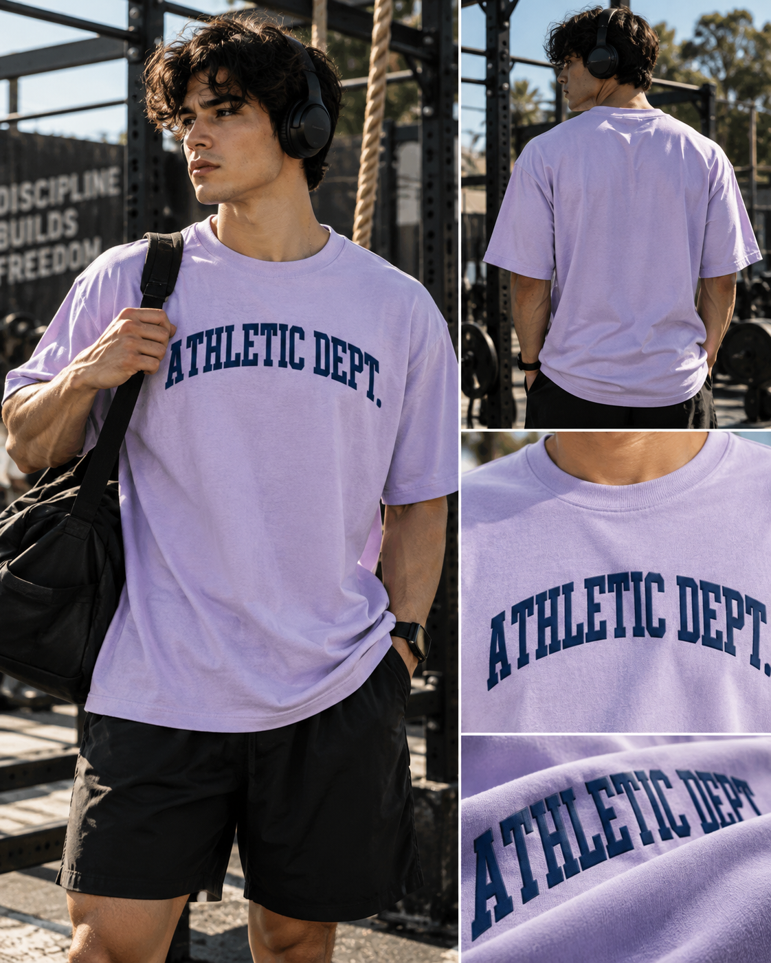 Lavender Athletic Dept. oversized gym T-shirt with navy front print, shown from front and back