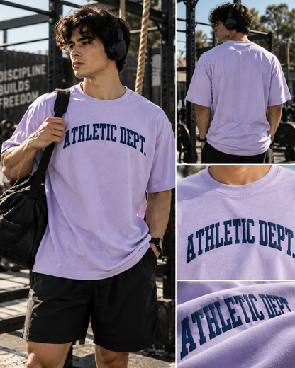 Lavender Athletic Dept. oversized gym T-shirt with navy front print, shown from front and back