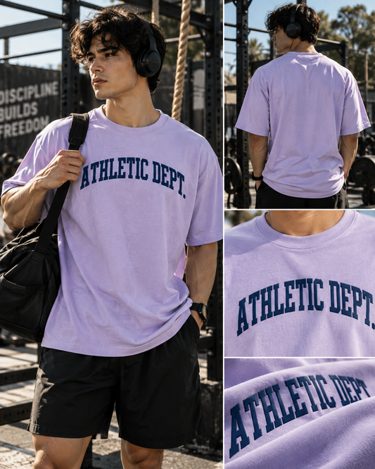 Lavender Athletic Dept. oversized gym T-shirt with navy front print, shown from front and back