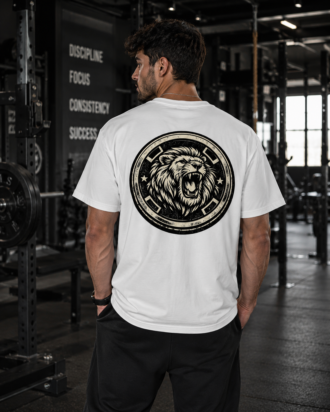 Man wearing white lion graphic oversized gym t-shirt with roaring lion back print