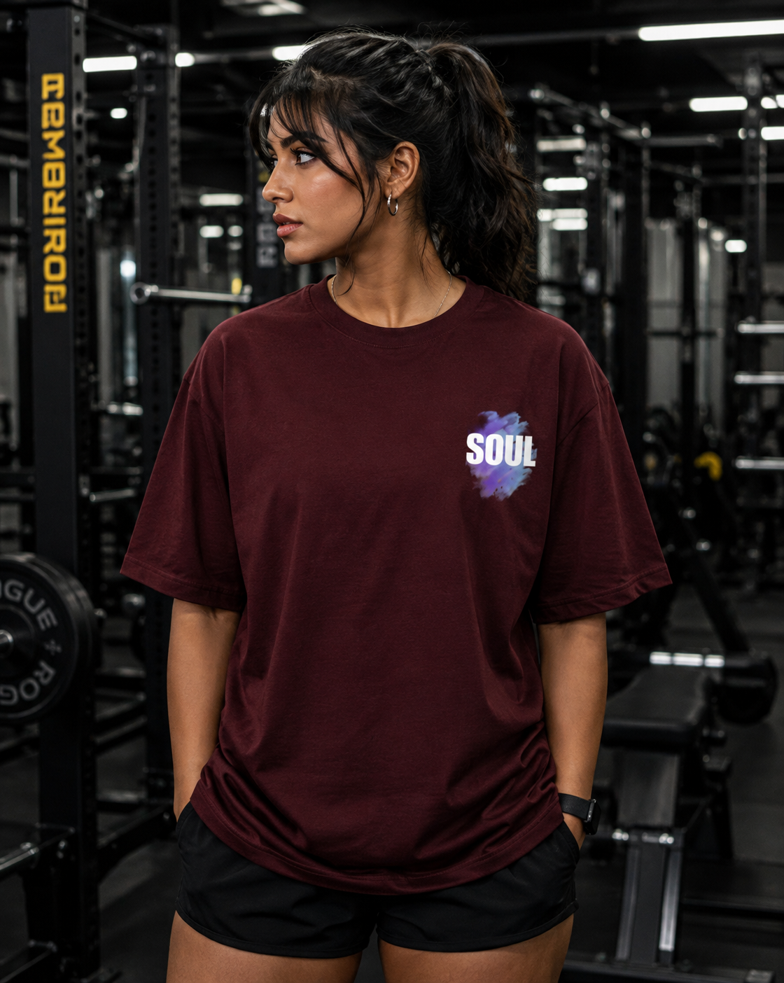 Maroon UNIMCOLL oversized gym t shirt with SOUL front graphic