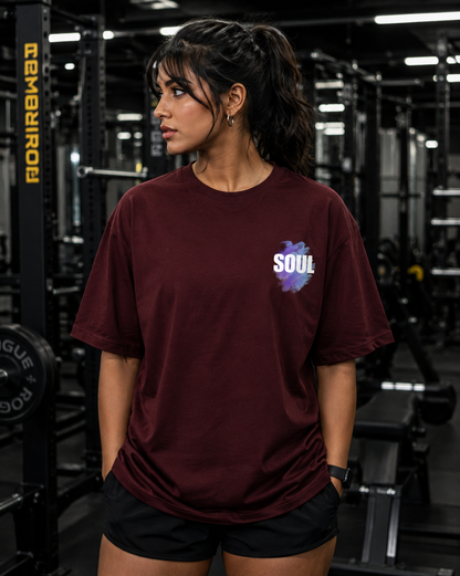 Maroon UNIMCOLL oversized gym t shirt with SOUL front graphic