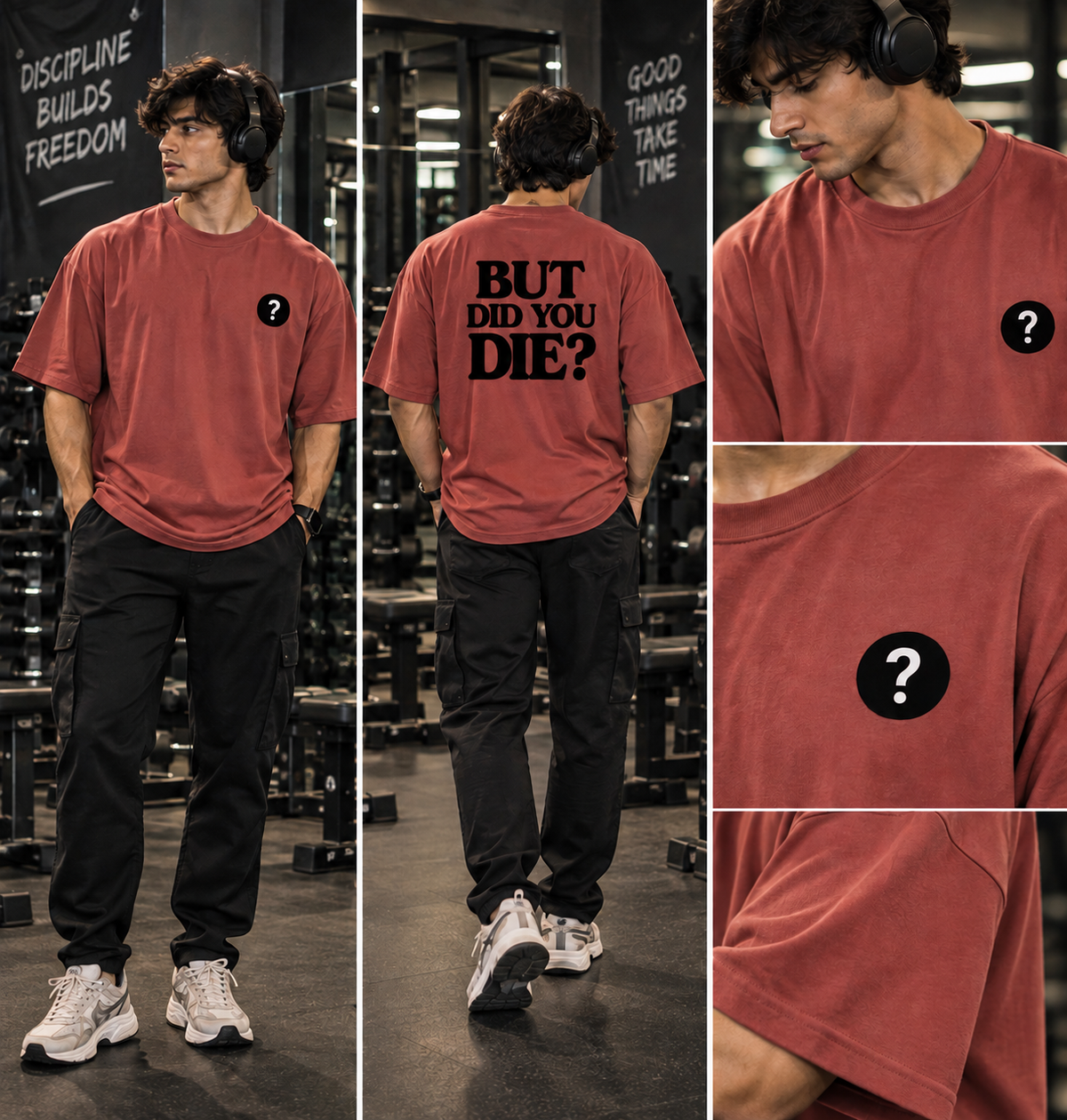 But Did You Die oversized gym t-shirt in faded red on male model