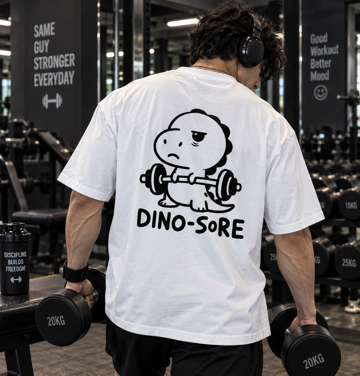 White Dino-Sore oversized T-shirt large dinosaur back print in gym