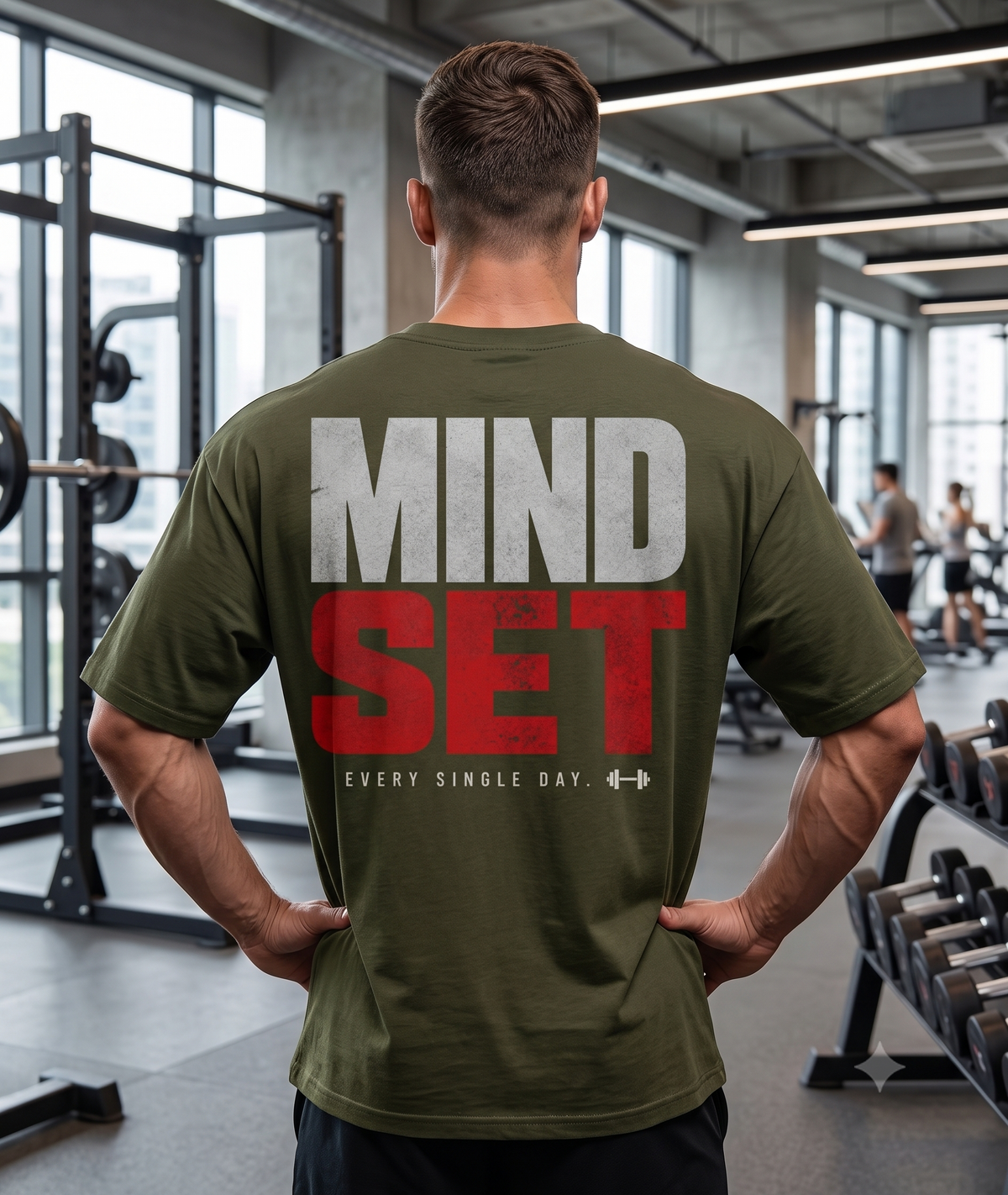 Man wearing olive green Mind Set oversized gym T-shirt with bold back graphic