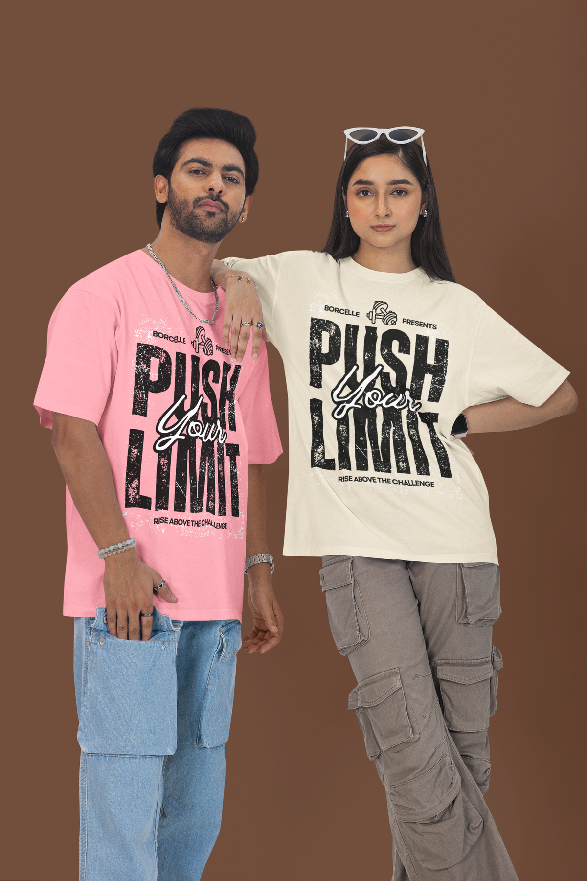 Unisex Push Your Limit oversized workout t-shirts in pink and off white