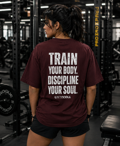 Maroon oversized t shirt with Train Your Body Discipline Your Soul motivational back print