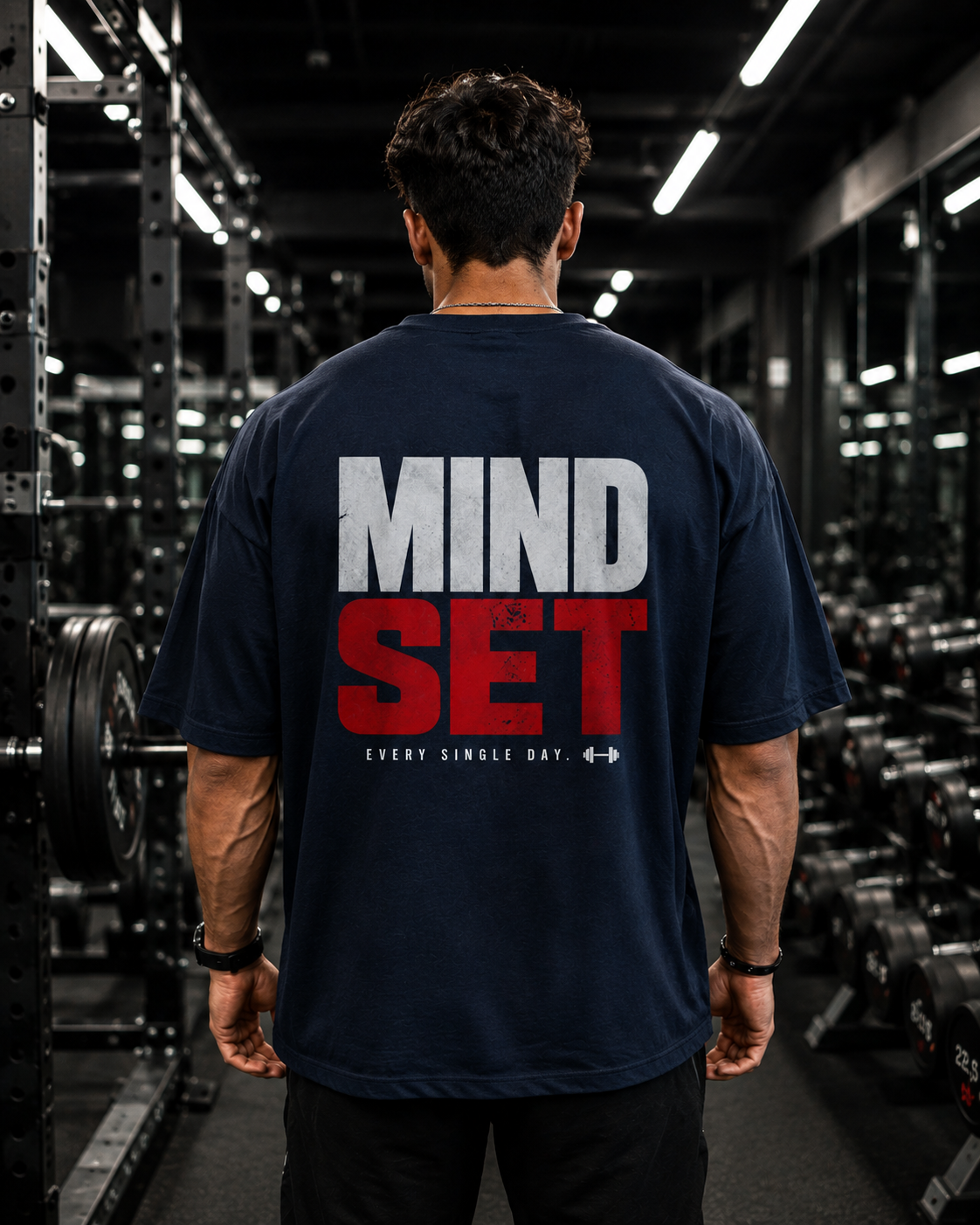 Back view of navy UNIMCOLL Mind Set oversized T-shirt with bold Mind Set gym graphic