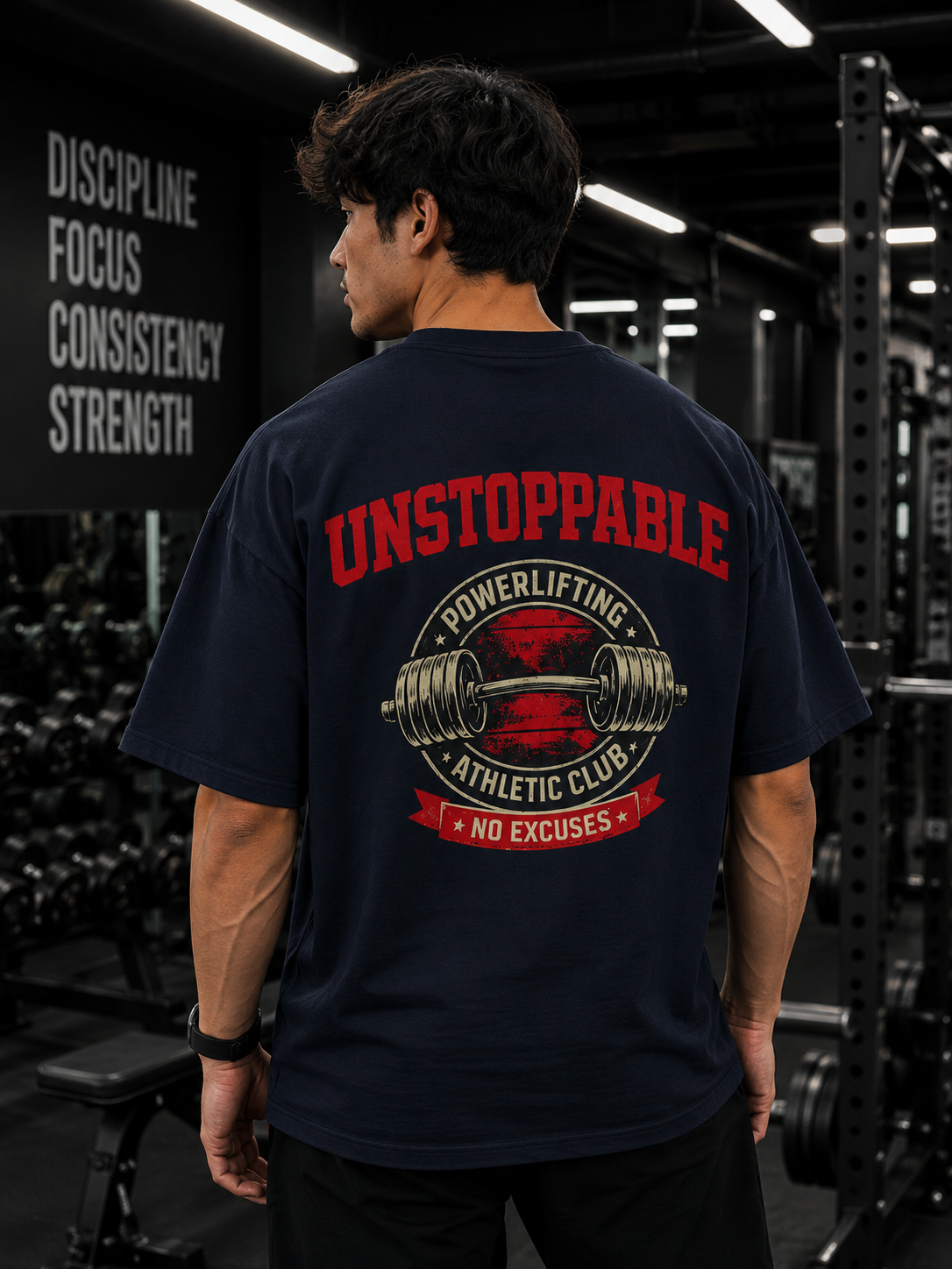 Unstoppable powerlifting graphic on navy oversized gym t-shirt