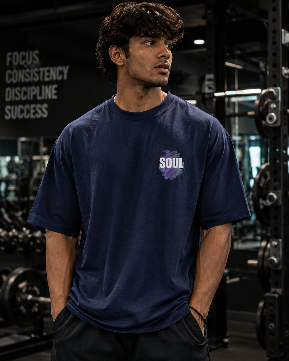 Navy blue unisex oversized gym t shirt with SOUL front print by UNIMCOLL