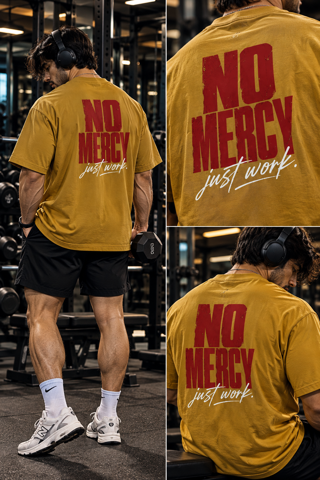 Male model wearing a mustard oversized gym T-shirt with red No Mercy and white Just Work back print, shown in a gym collage.
