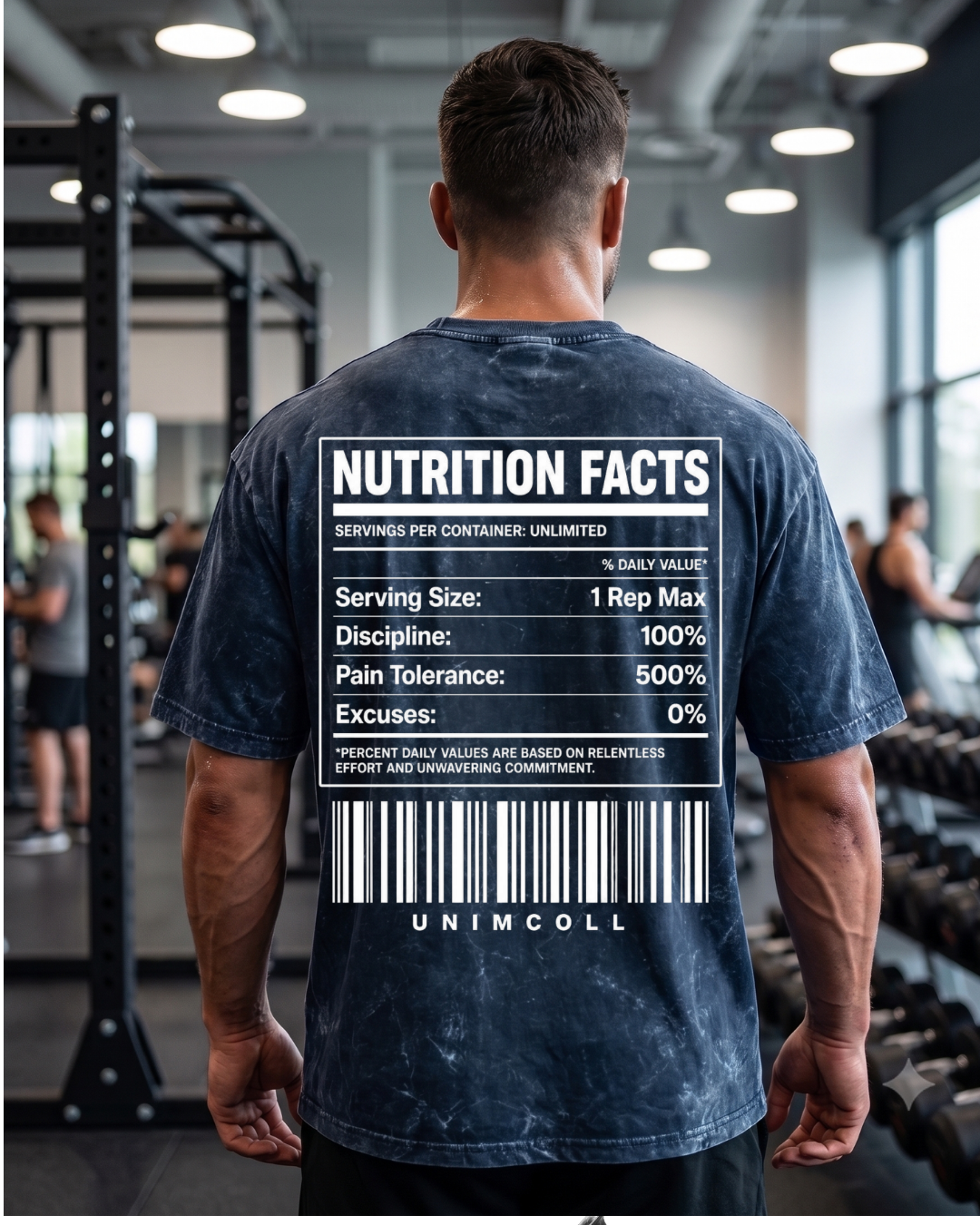 Blue acid wash graphic gym t-shirt with Nutrition Facts back print