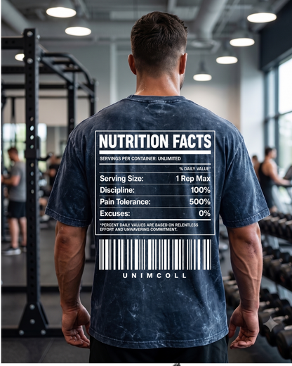 Blue acid wash graphic gym t-shirt with Nutrition Facts back print