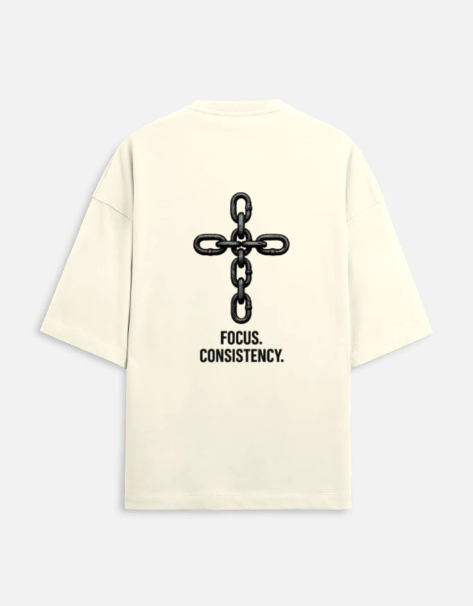 Focus Consistency cream oversized streetwear tee back view