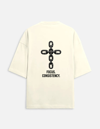 Focus Consistency cream oversized streetwear tee back view
