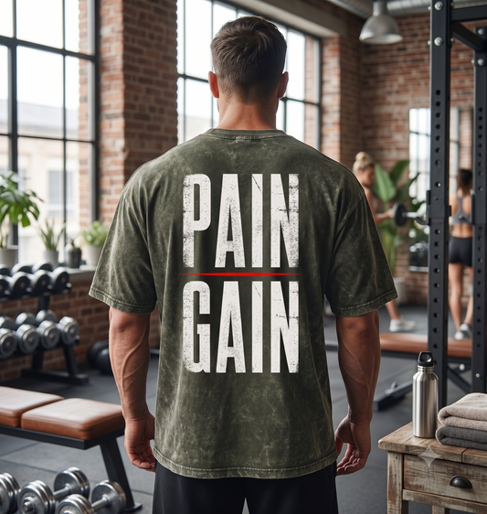 Pain Gain Olive Green Vintage Acid Wash Gym T-Shirt Large Back Print