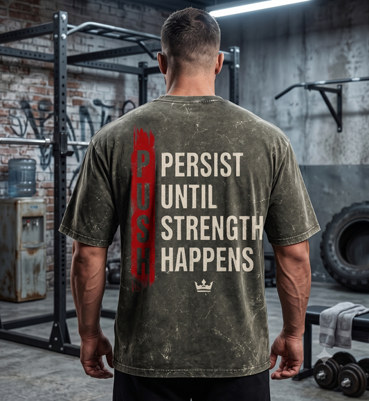PUSH Persist Olive Green Acid Wash T-Shirt Back Vertical Graphic Print