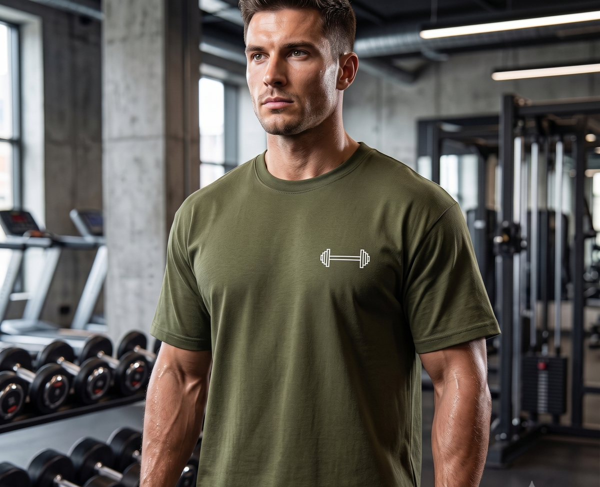 Man wearing olive green Mind Set oversized gym T-shirt with minimal dumbbell chest graphic