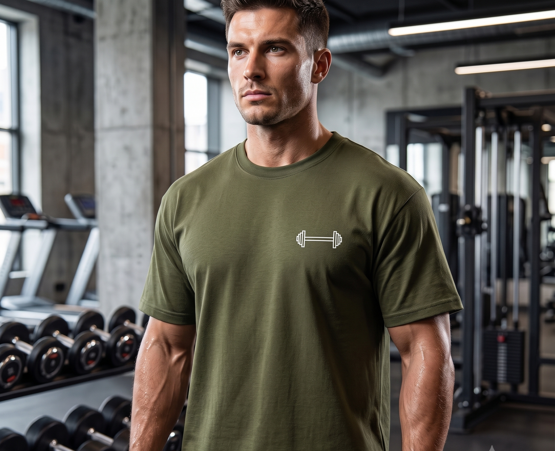Man wearing olive green Mind Set oversized gym T-shirt with minimal dumbbell chest graphic