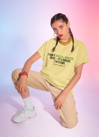 Funny Gym Oversized T-Shirt - "I Don't Sweat, I Glow" Lavendar Tee