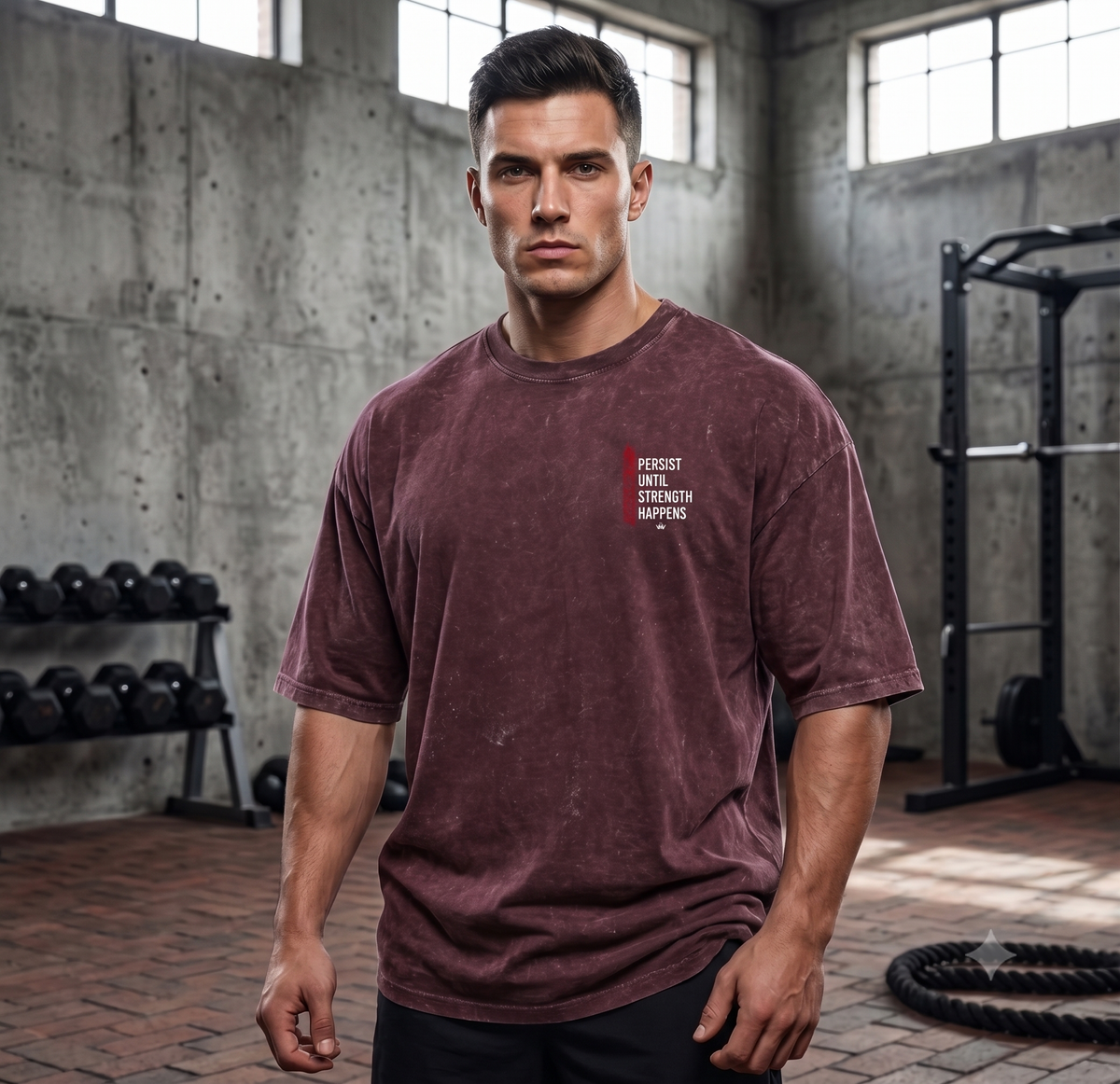 PUSH Persist Maroon Vintage Acid Wash Drop Shoulder T-Shirt Front View