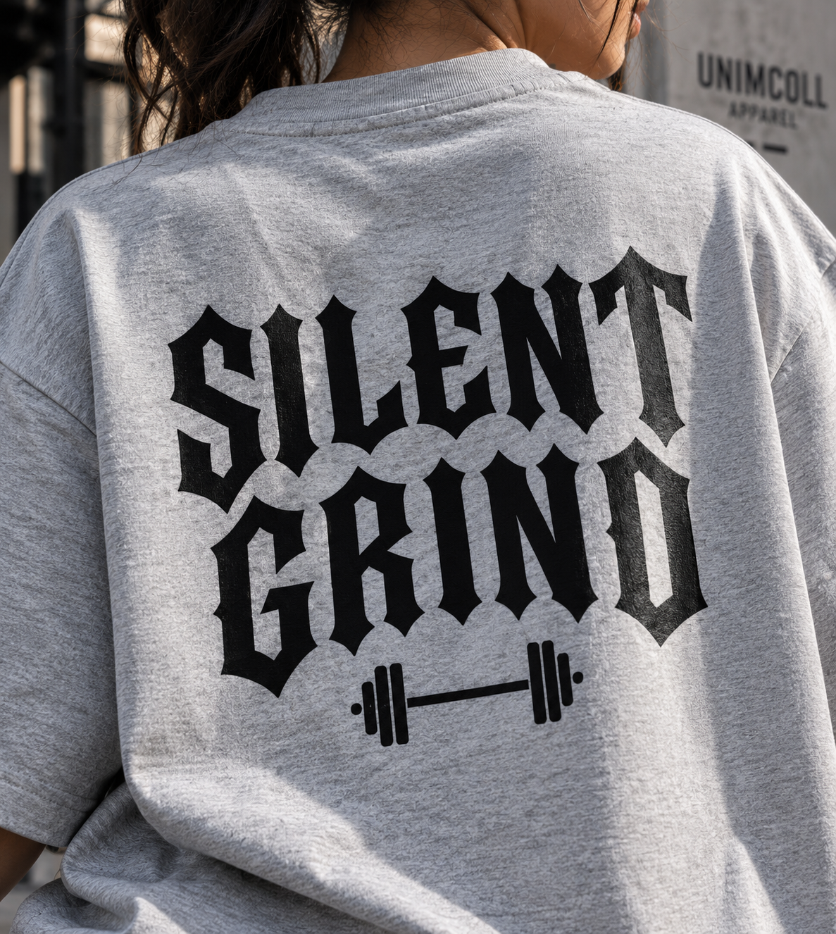 Silent Grind grey oversized T-shirt back graphic close-up