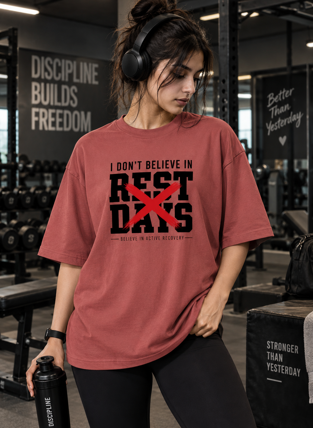 Close up of red Rest Days oversized gym t shirt with DTF graphic print